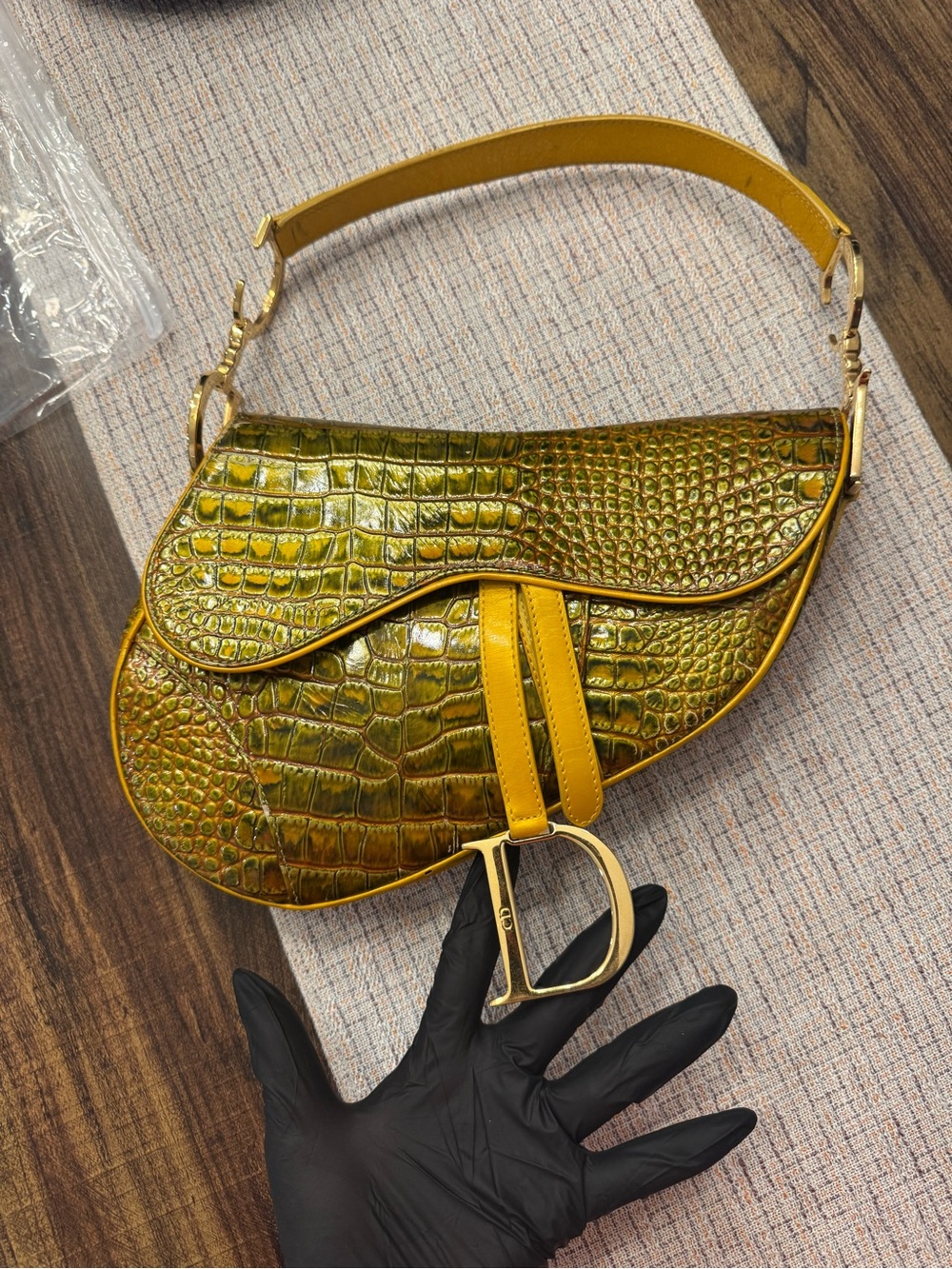 Rare Vintage Dior Saddle Bag with Yellow Croc-Embossed and Gold Hardware - Picture 3 of 16